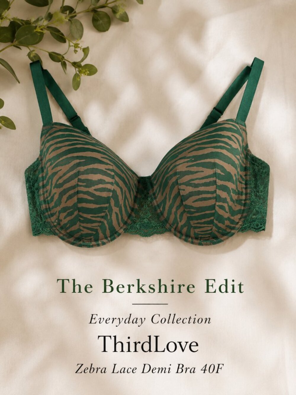 ThirdLove Zebra Lace Demi Bra 40F Green Animal Print Underwire EUC